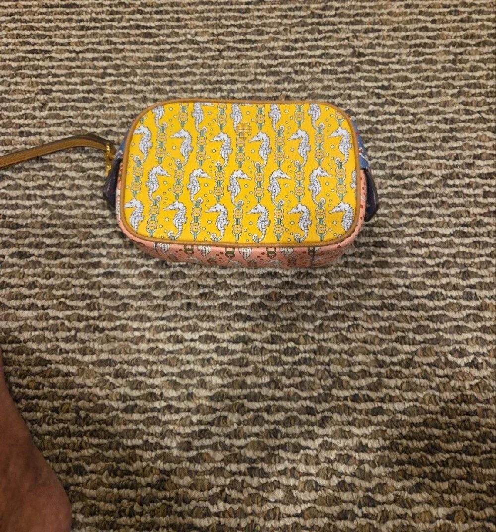 Tory Burch Yellow Seahorse Print Wristlet Bag